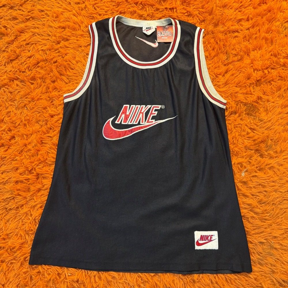 Vintage Nike Mesh Basketball Jersey XL Black Red Spellout Logo Tank Top 90s
